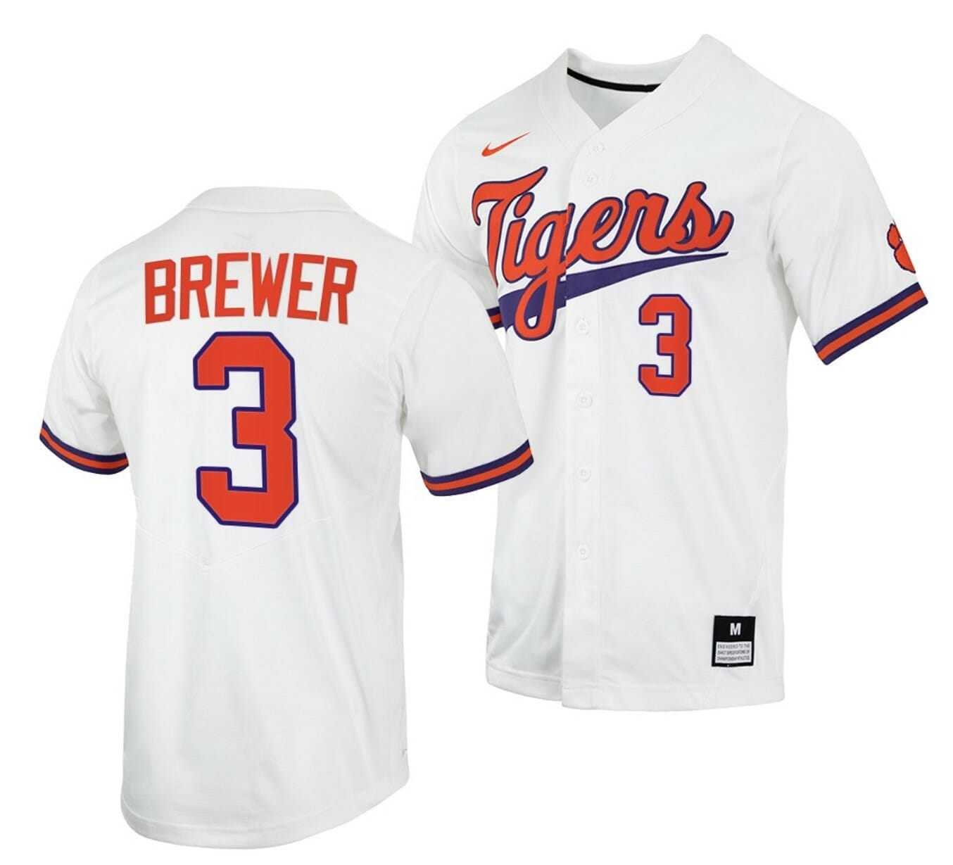 Clemson Tigers Jersey Dylan Brewer Baseball NCAA College Full-Button White #3