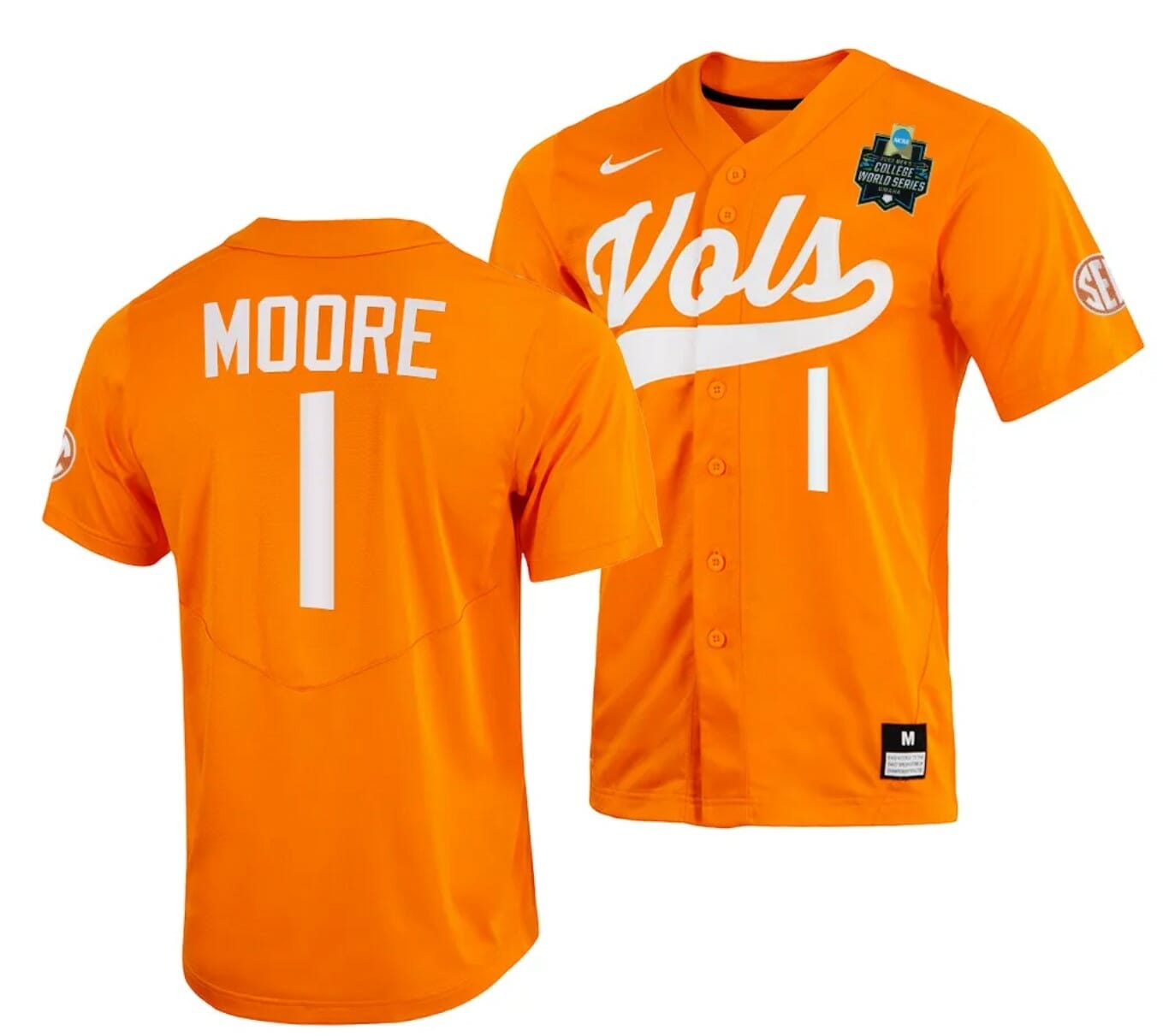 NCAA Baseball Jersey Christian Moore Tennessee Volunteers #1 Orange 2023 College World Series
