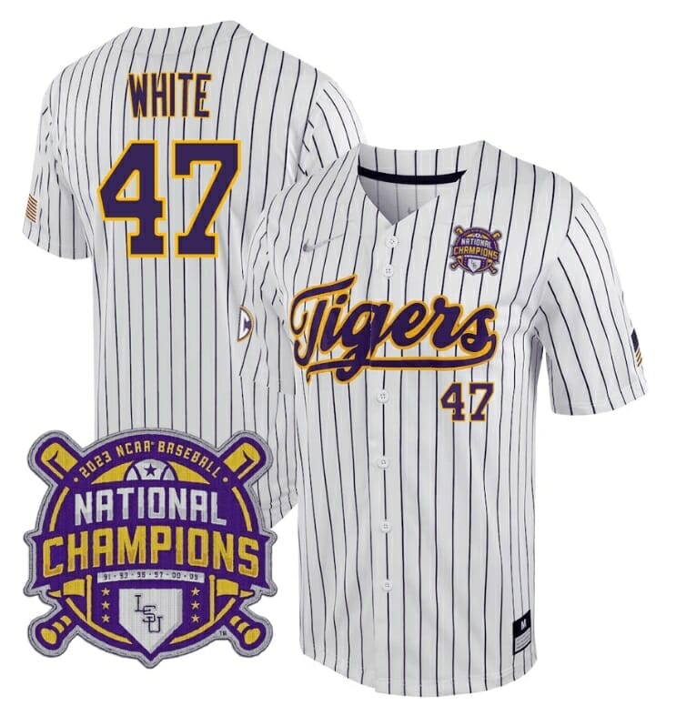 LSU Tigers Baseball Jersey Tommy White #47 National Champions NCAA College Stitched Stripes