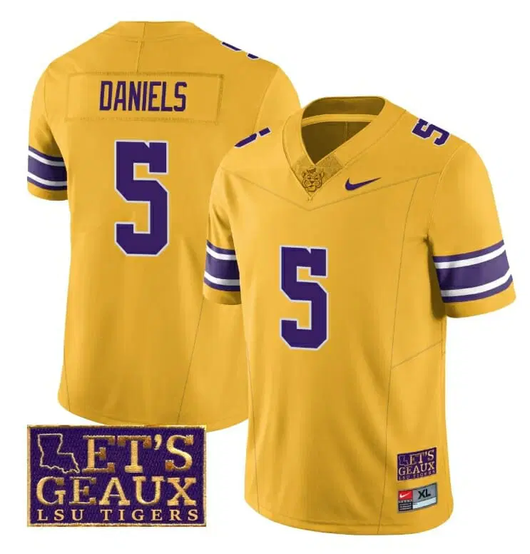 Jayden Daniels Jersey LSU Tigers #5 College Football Let's Geaux Patch Stitched Yellow