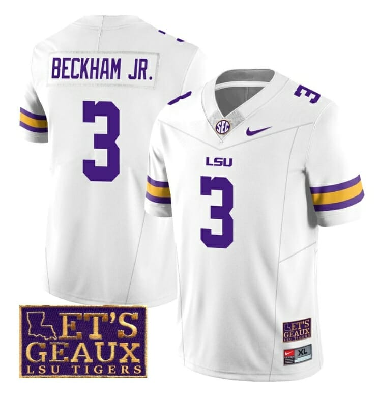 LSU Tigers Jersey Odell Beckham Jr #3 College Football Let's Geaux Patch Stitched White